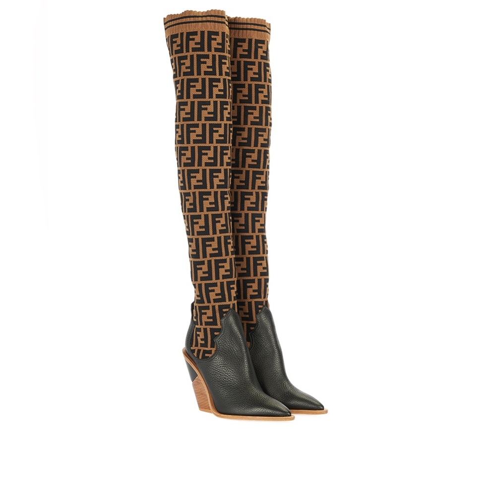 SUPER RARE!🖤🤎Authentic Fendi Zucca FF Thigh High Western Sock Boots 40 Tobacco